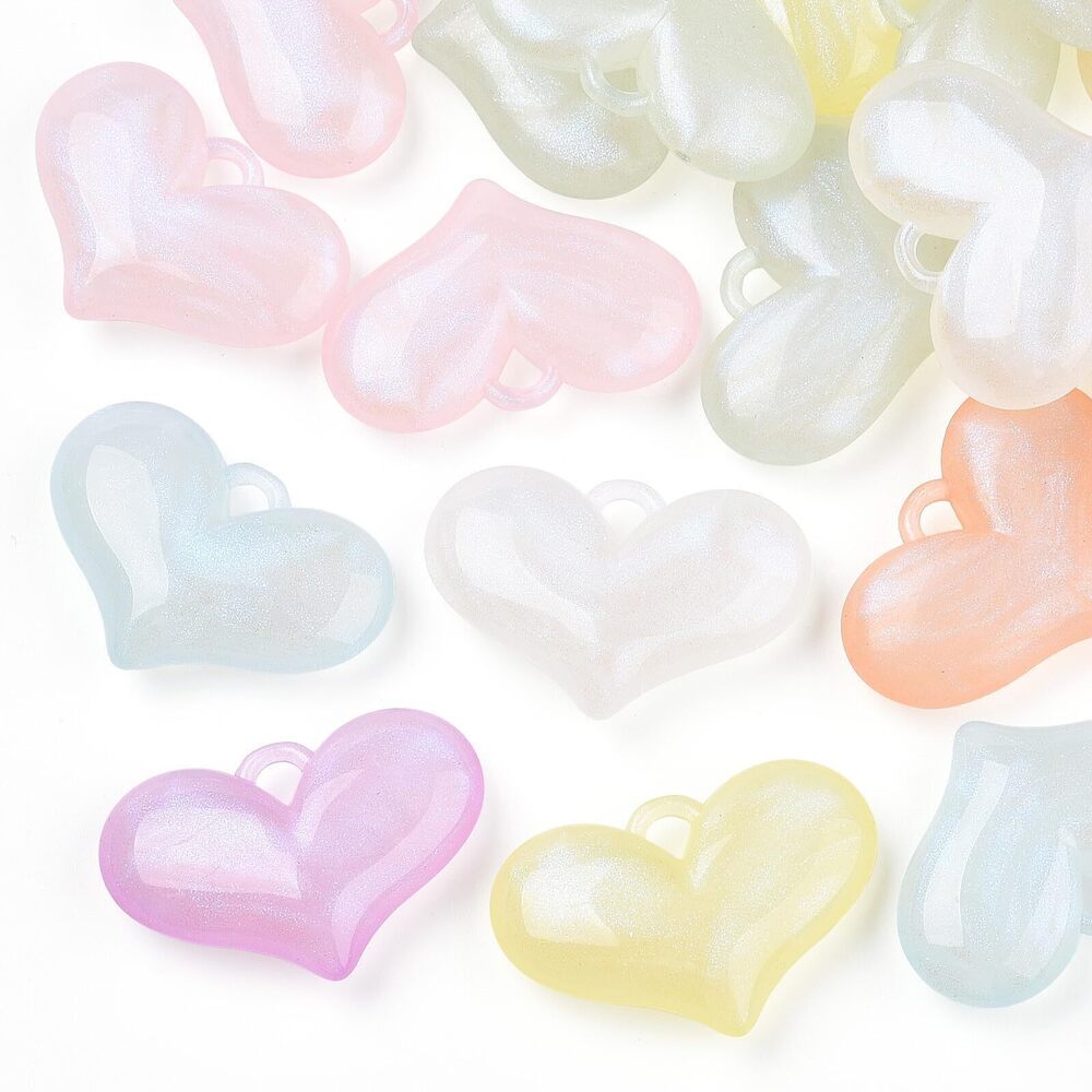 4895 10 pcs Mixed Colors Luminous Acrylic Heart Charms with Glitter Love